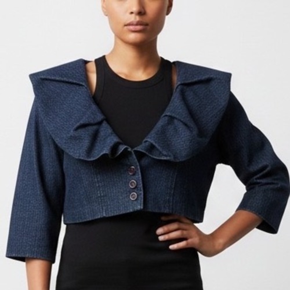 VTG Gold Flava 14 Denim Crop Bolero Jacket Portrait Collar Y2K pinup rockabilly